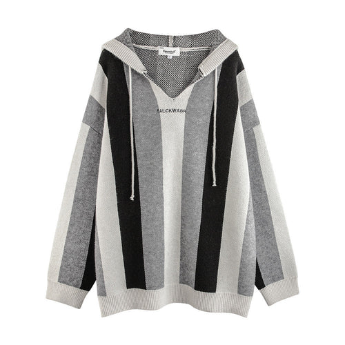 Men Sweater Striped Hooded Pullover Knitted Sweater