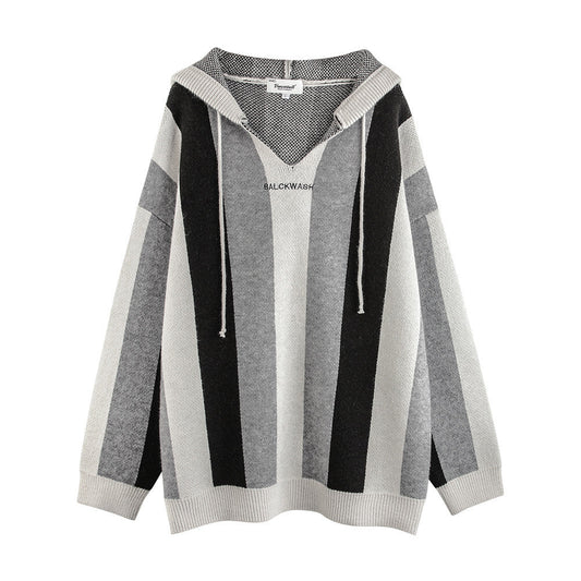 Men Sweater Striped Hooded Pullover Knitted Sweater