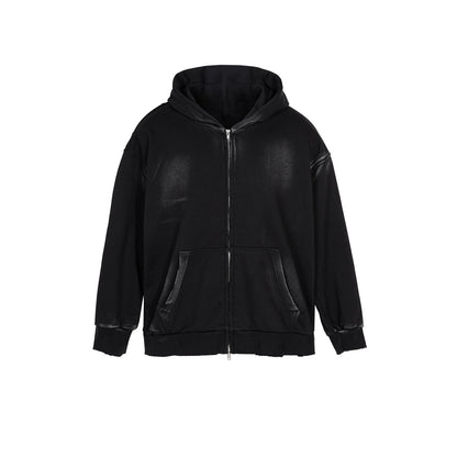 MIJKO Mens Jacket Two-way Zipper Distress Hooded Sweater