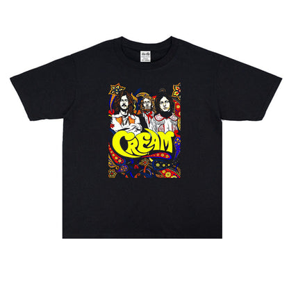 Rock Star T Shirt Cream Band Printed Washed Distressed T-shirt Short Sleeve Loose round Neck Cotton Men and Women