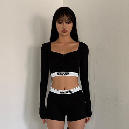 Women Co-Ord Set Tight Long Sleeve Short T-shirt Shorts Suit
