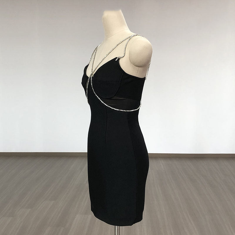 Women Evening Dress Crystal Drill Chain Straps Tulle Backless Evening Gown