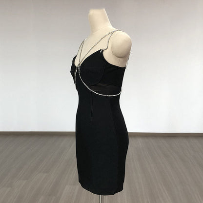 Women Evening Dress Crystal Drill Chain Straps Tulle Backless Evening Gown