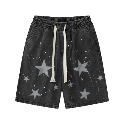 Men Shorts Five-Pointed Star Printed Denim Shorts Loose
