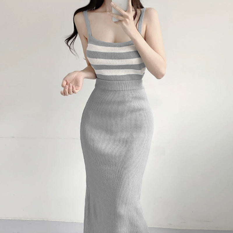 Women Vest Suspenders Knit Two-Piece Suit Striped Vest Skirt