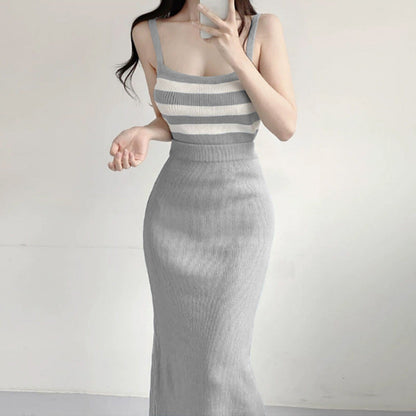 Women Vest Suspenders Knit Two-Piece Suit Striped Vest Skirt