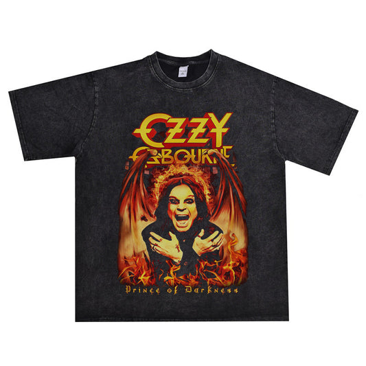 Rock Star T Shirt Singer  Ozzy Osbourne Washed Distressed T-shirt Short Sleeve Loose