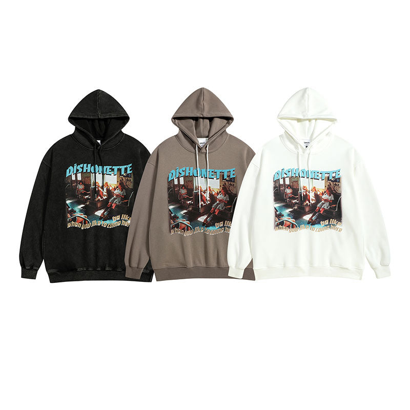 Men Hoodie Retro Hiphop Printed Hoodie Men and Women Loose