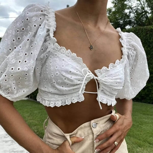 Women Tops Summer Puff Sleeve Sexy Lace Top Shirt