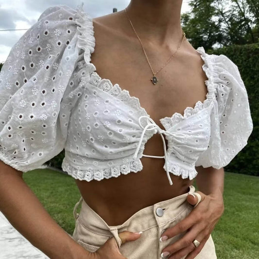 Women Tops Summer Puff Sleeve Sexy Lace Top Shirt