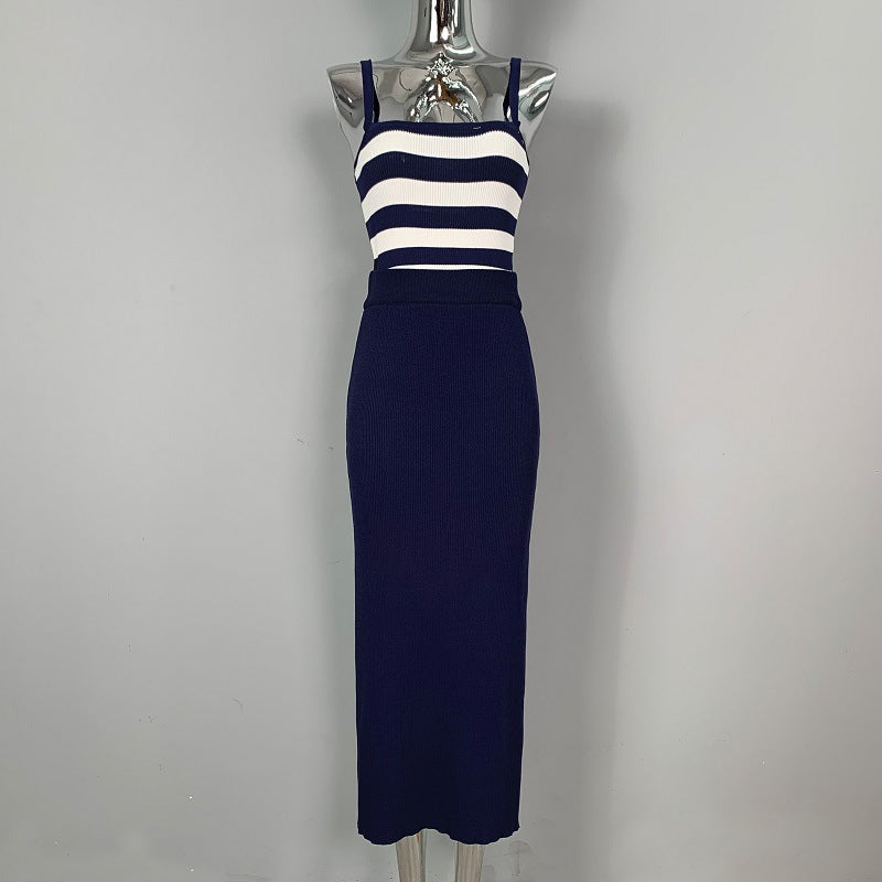 Women Vest Suspenders Knit Two-Piece Suit Striped Vest Skirt