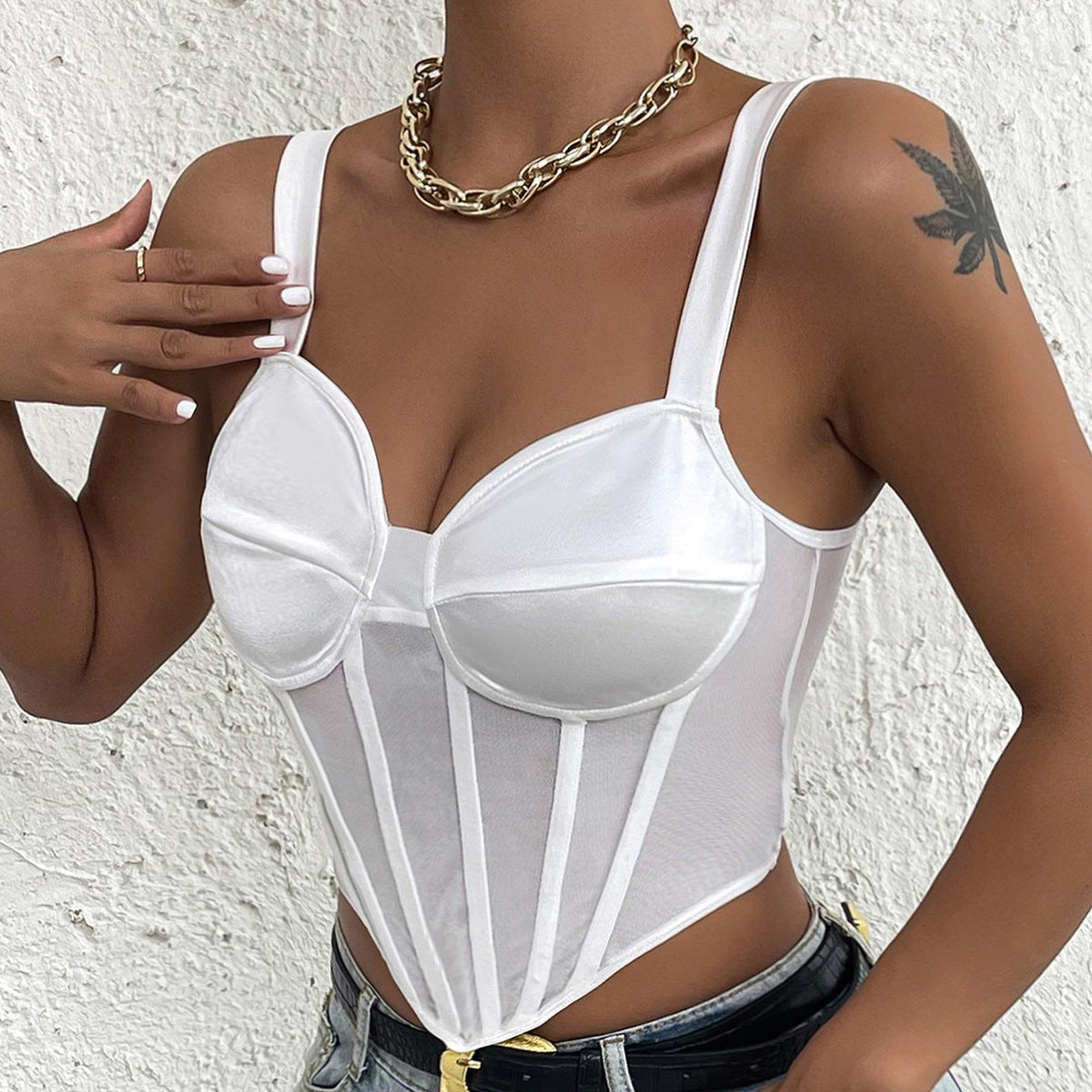Women Party Tops Sexy Suspenders Mesh Diamond Vest