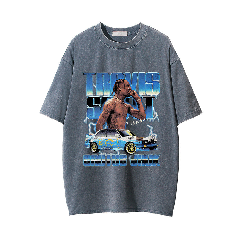 Men Vintage T-Shirt Distressed Short-Sleeved T-shirt Men's Summer Loose round Neck