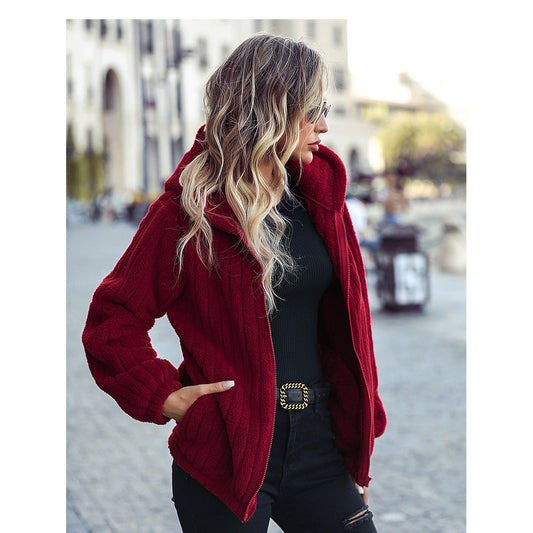Women Trench Coat Fall Winter Hooded Long Sleeve Loose Zip Double-Sided Velvet Casual Jacket
