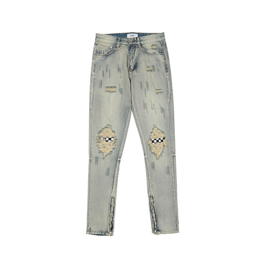 Men Jeans Hole & Patch Washed Worn Jeans Men's Zipper Split Casual Tights Trendy Slim Fit Skinny Pants