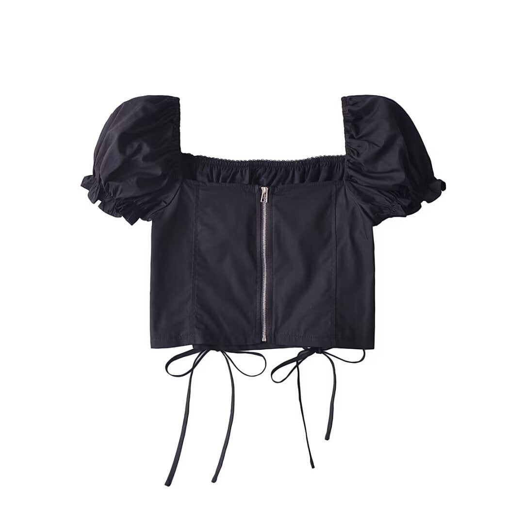 Women Tops Summer Vintage Court Style Puff Sleeve Square Collar Lace up Shirt