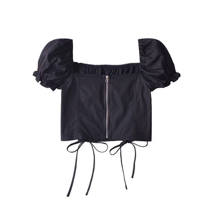 Women Tops Summer Vintage Court Style Puff Sleeve Square Collar Lace up Shirt