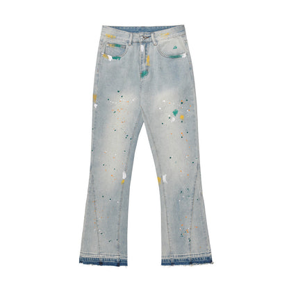 Men Jeans Rough Edge Splash Ink Hole Slightly Flared Loose Casual