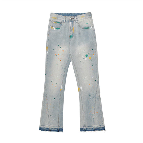 Men Jeans Rough Edge Splash Ink Hole Slightly Flared Loose Casual
