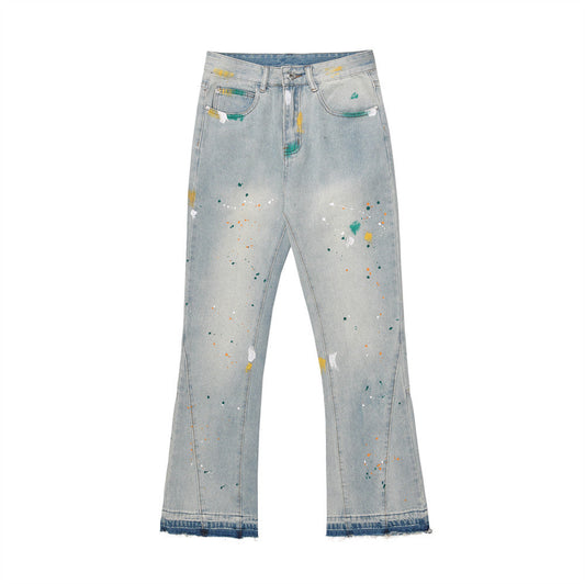 Men Jeans Rough Edge Splash Ink Hole Slightly Flared Loose Casual