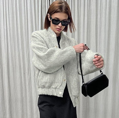 Women Trench Coat Autumn and Winter Stand Collar Baggy Coat Warm Bomber Jacket Coat