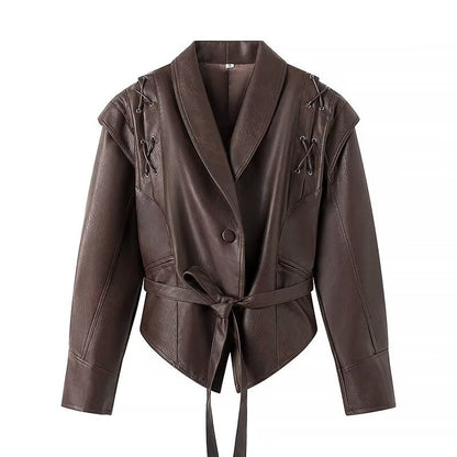 Women Tops Spring Retro Coffee Color Brown Leather Coat V-neck Lace-up Top