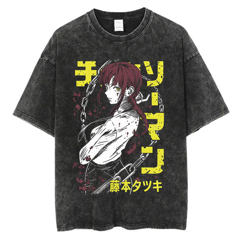Anime Chainsaw Men Washed Tshirt Retro Hip Hop Streetwear