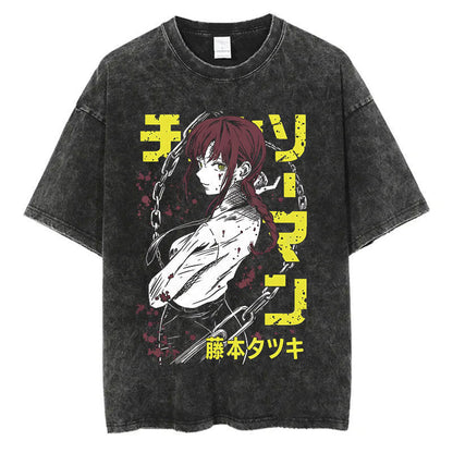 Anime Chainsaw Men Washed Tshirt Retro Hip Hop Streetwear