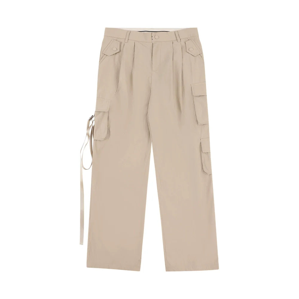 Men Sweatpants Loose Multi-Pocket Streamers Wide Leg Casual Trousers