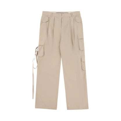 Men Sweatpants Loose Multi-Pocket Streamers Wide Leg Casual Trousers