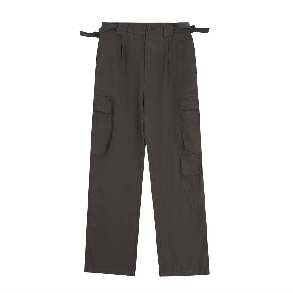 Men Sweatpants Cargo Straight-Leg Trousers Men's Zipper Pocket Loose Wide Leg Pants
