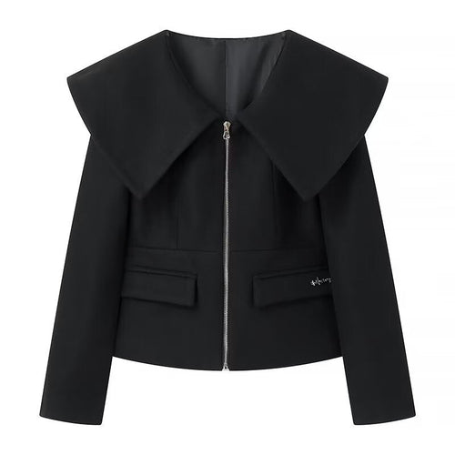 Women Tops Spring/Summer Lapel Zipper V-neck Short Coat Solid Color Top