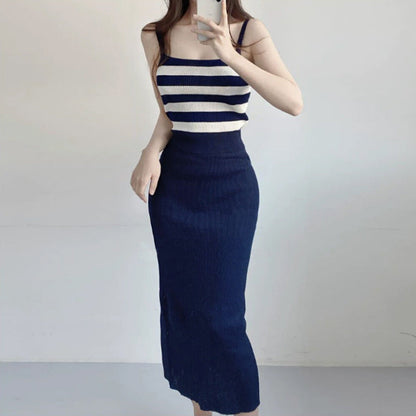 Women Vest Suspenders Knit Two-Piece Suit Striped Vest Skirt