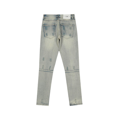 Men Jeans Hole & Patch Washed Worn Jeans Men's Zipper Split Casual Tights Trendy Slim Fit Skinny Pants