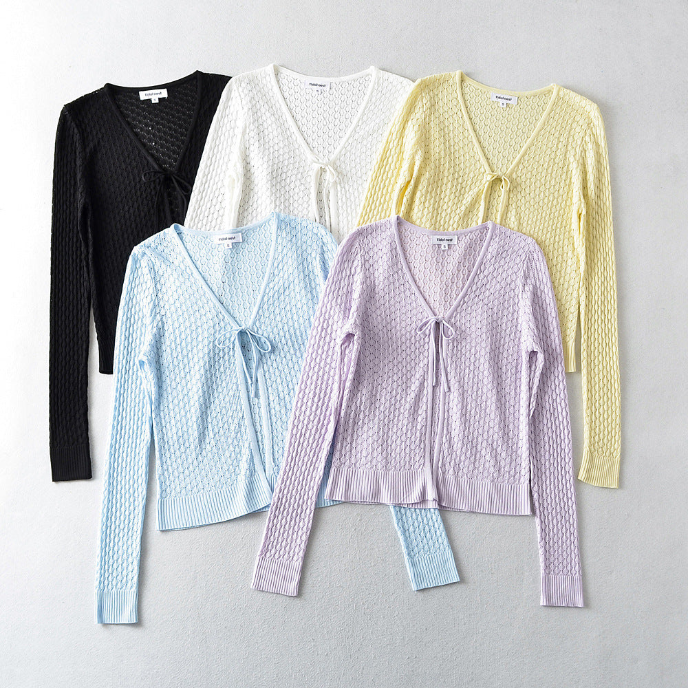 Women Sweater Knitwear Knitted Sun Protection Shirt Summer Slim Fit V-neck Hollow Lace-up Cardigan Jacket