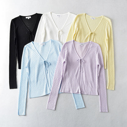 Women Sweater Knitwear Knitted Sun Protection Shirt Summer Slim Fit V-neck Hollow Lace-up Cardigan Jacket