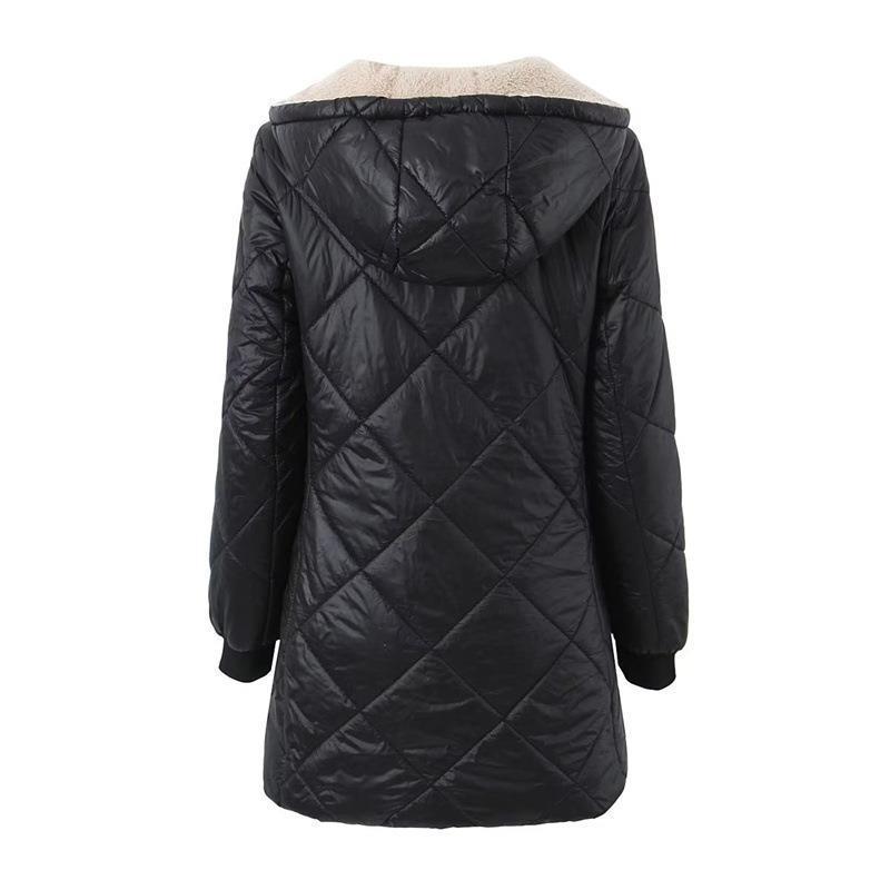 Women Cotton Coat Solid Color Fleece Hooded Jacket
