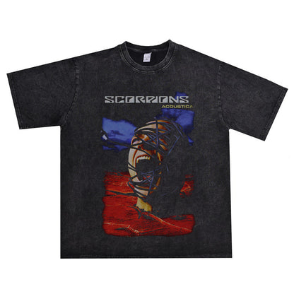 Rock Star T Shirt Scorpions Scorpions Short Sleeve Printed Cotton Washed Distressed T-shirt Men and Women Loose