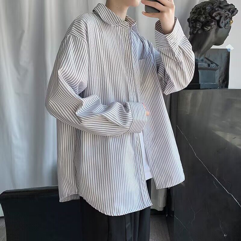 Men Shirts Blue and White Striped Casual Jacket
