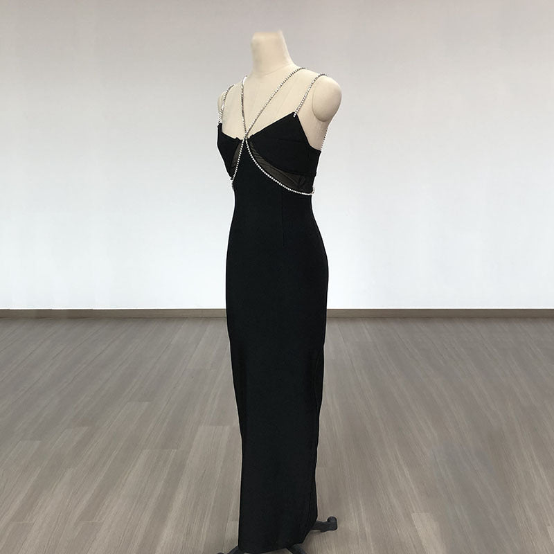 Women Evening Dress Crystal Drill Chain Straps Tulle Backless Evening Gown