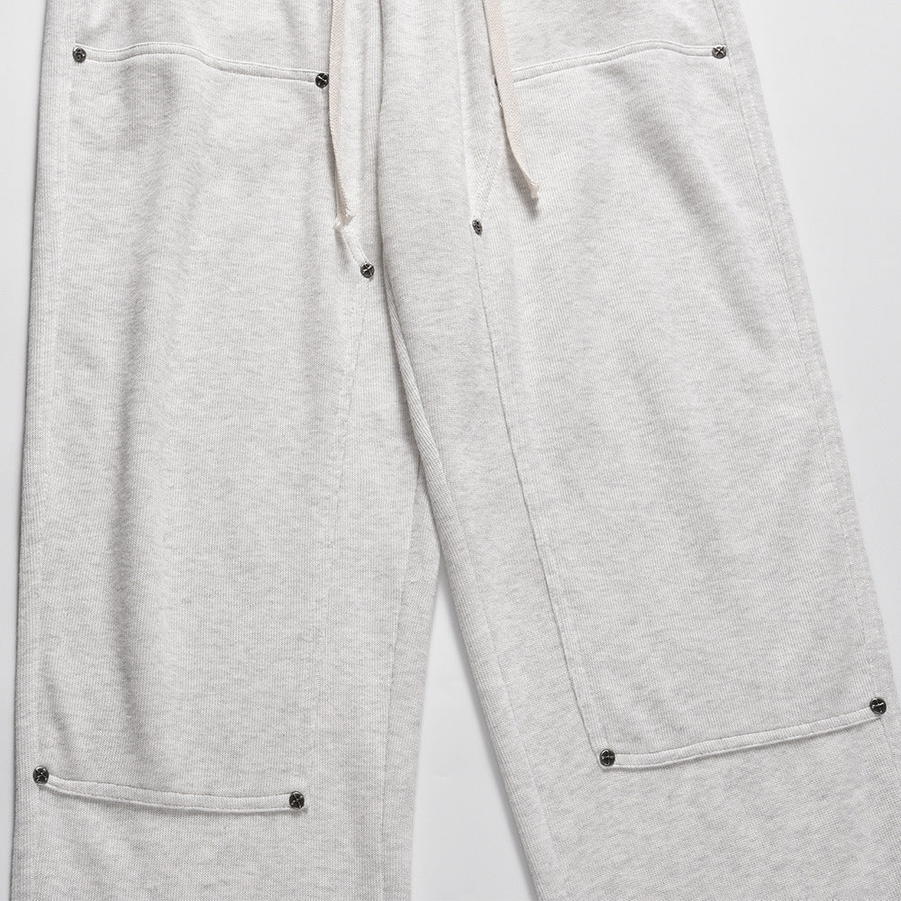 Men Sweatpants Rivet Stitching Sports Pants Loose Straight Casual Pants Solid Color Drawstring Jogger Pants Trousers