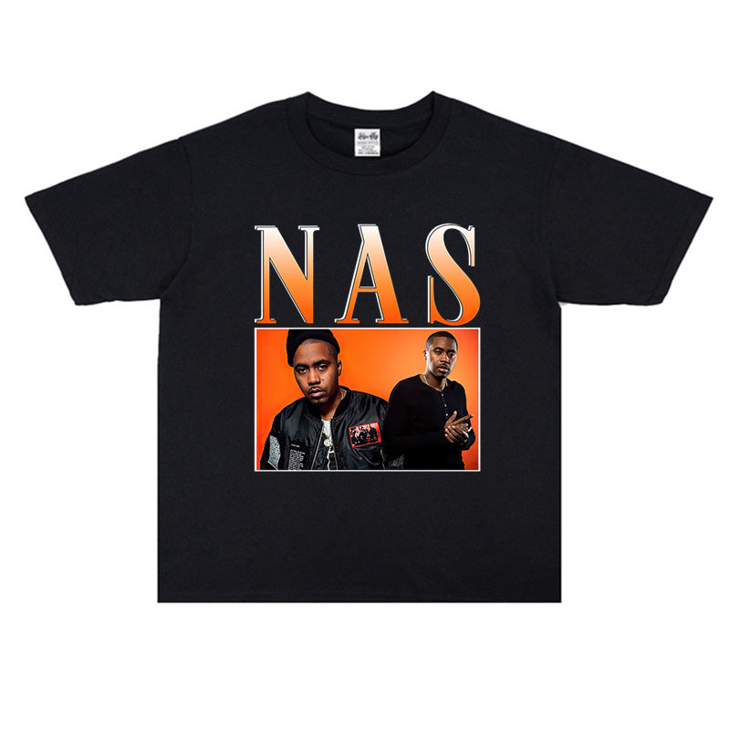 Rock Star T Shirt Nasilnas East Coast Rap Nasty Nas Loose Print T-shirt Short Sleeve Street