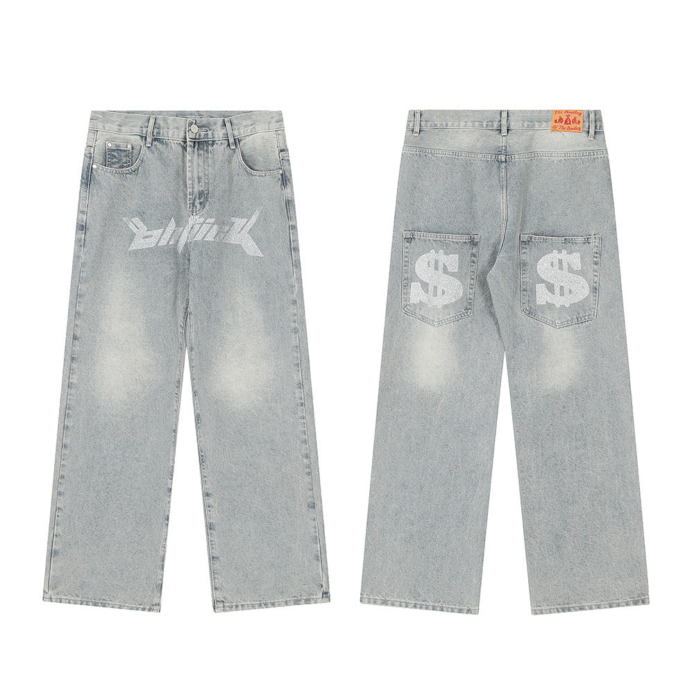 Men Jeans Loose Straight Dollar Symbol Pattern Casual