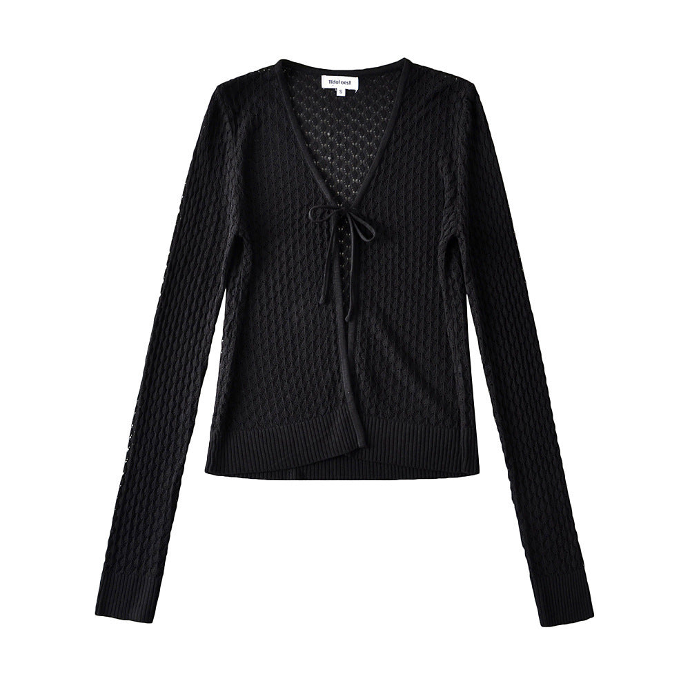 Women Sweater Knitwear Knitted Sun Protection Shirt Summer Slim Fit V-neck Hollow Lace-up Cardigan Jacket