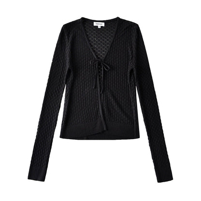 Women Sweater Knitwear Knitted Sun Protection Shirt Summer Slim Fit V-neck Hollow Lace-up Cardigan Jacket