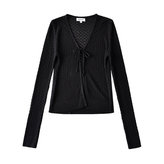 Women Sweater Knitwear Knitted Sun Protection Shirt Summer Slim Fit V-neck Hollow Lace-up Cardigan Jacket