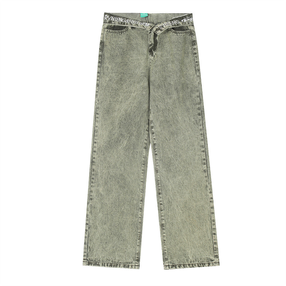 Women Pants Flanging Letter Embroidered Jeans Straight-Leg Pants
