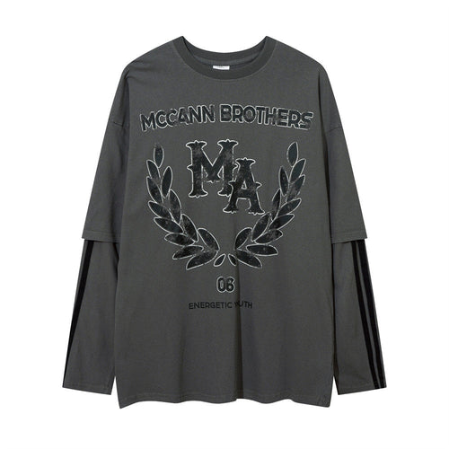 Men Long Sleeve T-Shirt Stitching Fake Two-Piece Loose Top