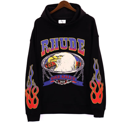 Rhude Hoodie Alphabet Eagle Flame Sleeve Hooded Sweater