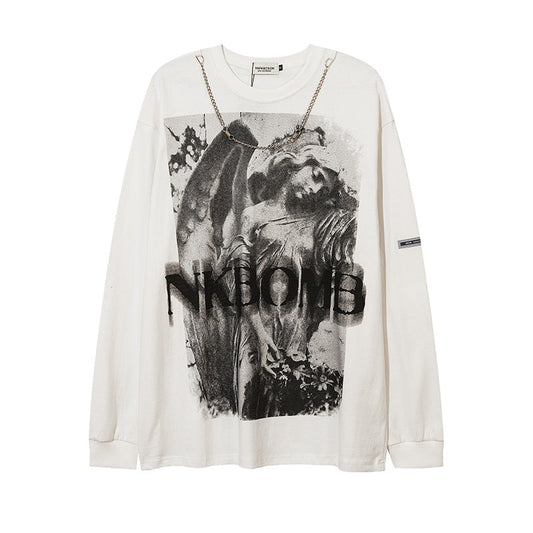 Men Long Sleeve T-Shirt Angel Statue Printing Optional Velvet